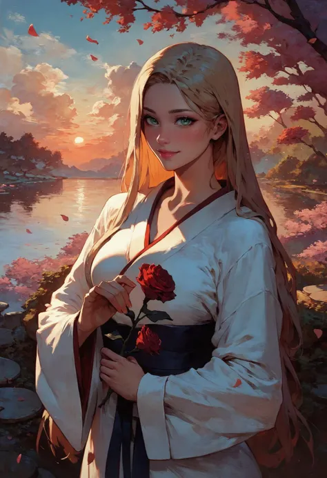 score_9, score_8_up, score_7_up, 1girl holding a rose in her hand, white kimono, outside in a japanese garden, sakura petals, solo, long hair, blonde hair, heart, curvy, romantic, sunset, (from front), upper body, impressionism, art nouveau style <lora:sdxl\Concept Art Twilight Style SDXL_LoRA_Pony Diffusion V6 XL:0.8>