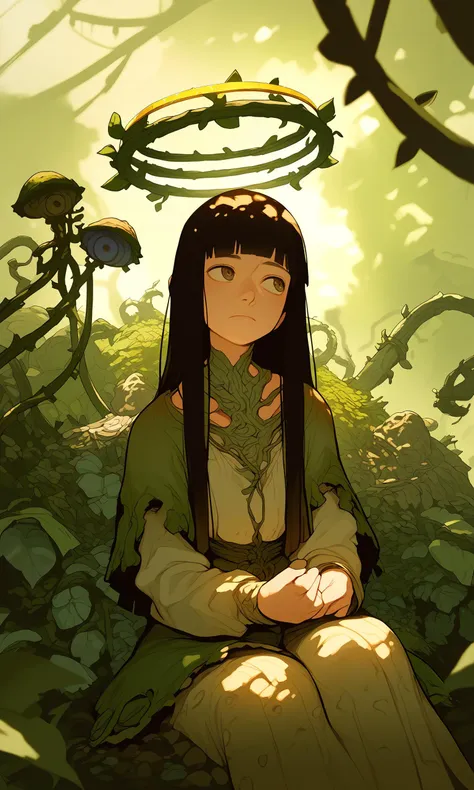 score_9, score_8_up, score_7_up, 1girl, moss, vine, hime cut, dappled sunlight, looking away, lace trim, head tilt, blurry background, halo, high contrast, sitting, surreal, swirl, <lora:CU:0.5>, <lora:J7:0.55>, <lora:ME:0.3>, <lora:IC:0.4>