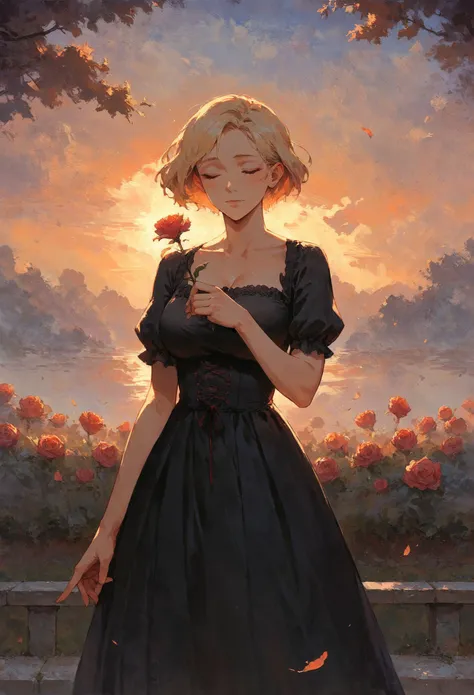 score_9, score_8_up, score_7_up,  1girl, holding a flower in her hand and handing over to the viewer, black dress, black long skirt, outside in a park, solo, short hair, blonde hair, laced hair, heart, curvy, romantic, sunset, from front, upper body  <lora:sdxl/pony_twilight_style:0.8>