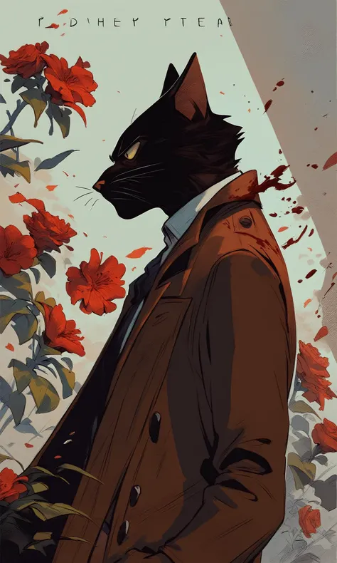 score_9, score_8_up, score_7_up, cat anthro boy, flower, blood, claws, (detective, comic cover, dutch angle), glaring, shadow, high contrast, skinny, formal, upper body, looking away, leaning, pose, body, trench coat, from side,