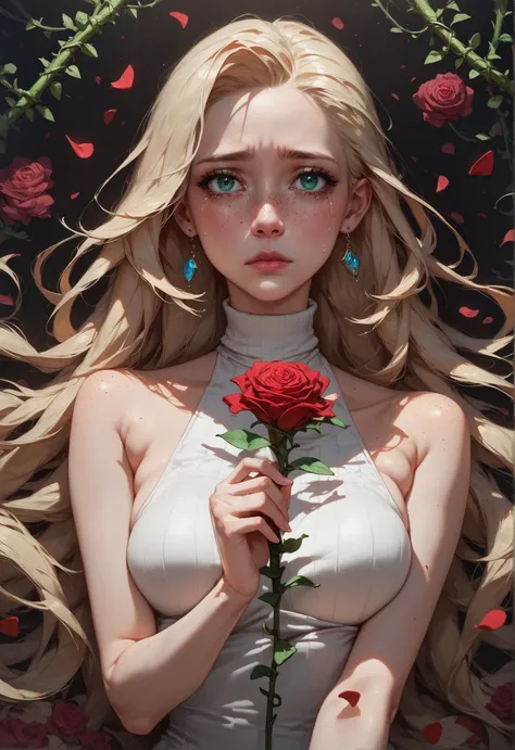 (score_9, score_8_up:1.1), score_7_up, 1girl, solo, expressive, rose petals, dynamic, blonde hair, long hair, green eyes, pale skin girl, pale skin, freckles, turtleneck, bare shoulders, blush, red rose in hair, looking_longingly, seductive, sexy_woman, black background, looking away, sad, vines, mandala, chaotic flowers, holding a rose, teary eyes <lora:sdxl\Concept Art Twilight Style SDXL_LoRA_Pony Diffusion V6 XL:0.8> <lora:sdxl\Expressive_H-000001:0.8>
