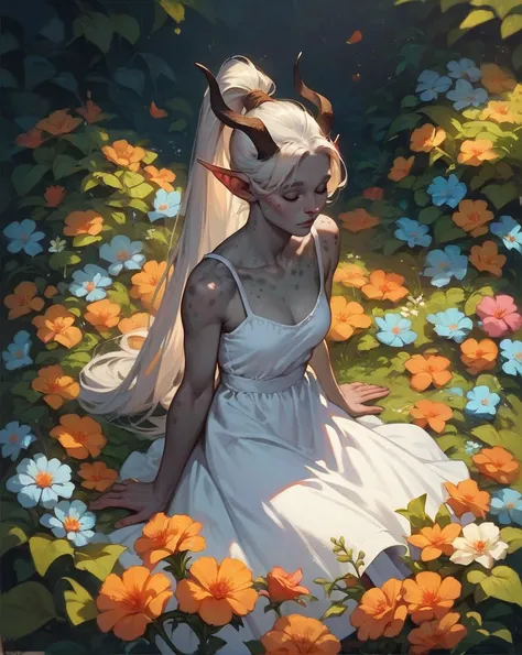 score_9, score_8_up, score_7_up, score_6_up, grey skin tiefling woman with long ponytail and spots, white sundress, horns, flowers, 1girl, peaceful, closed eyes, (flat chest:0.4) <lora:Photo Style SDXL_LoRA_20r_10e_22i_nr32_a16_Pony Diffusion V6 XL:.2> <lora:Anime Summer Days Style SDXL_LoRA_Pony Diffusion V6 XL:.5>