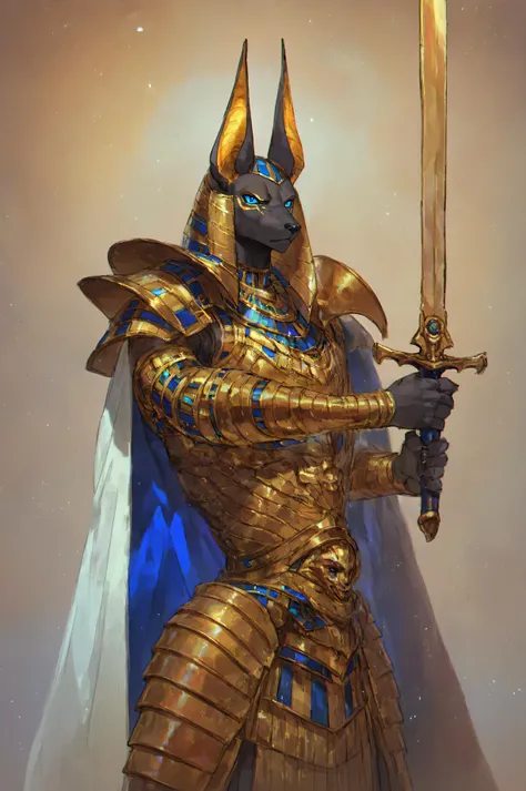 Source_furry,anubis, anubian jackal,snout,blue eyes,egyptian,egyptian mythology,egyptian headdress,armor, cape, intricate,holding sword,, score_9, score_8_up, score_7_up, score_6_up, score_5_up,