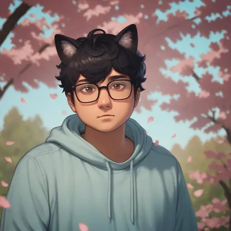 score_9, score_8_up, score_7_up, score_6_up, score_5_up, score_4_up, Markury, male focus, solo, glasses, short hair, hoodie, brown eyes, cat ears, black hair, cherry blossom background, sunna (nilsunna), source_cartoon, rating_safe  <lora:MarkLyCORIS-Prodigy-000015:0.8>