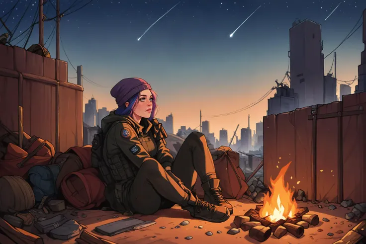 score_9, score_8_up, score_7_up, score_6_up, score_5_up, score_4_up, 1girl, black tactical clothes, beanie, gun over shoulder, sitting on debris, campfire, despair, exhausted, post-apocalypse, destruction, city, night sky, <lora:Minko_PDXL:1> , minkostyle, <lora:xl_more_art-full_v1:0.7>, rating_questionable
