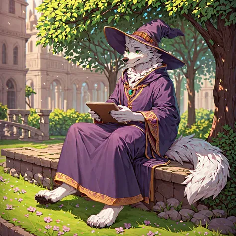 score_9, score_8_up, score_7_up, score_6_up, score_5_up, score_4_up, full body portrait, an anthro male wolf, sitting in front of a computer in a dark room playing video games, wizard hat, wizard robe, white fur, green eyes, theme park, amusement park,