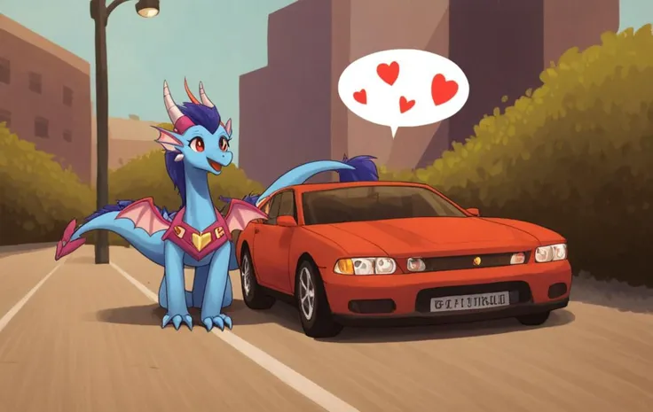 dragon, spoken heart, car, score_9, source_pony, rating_safe, heart emblem