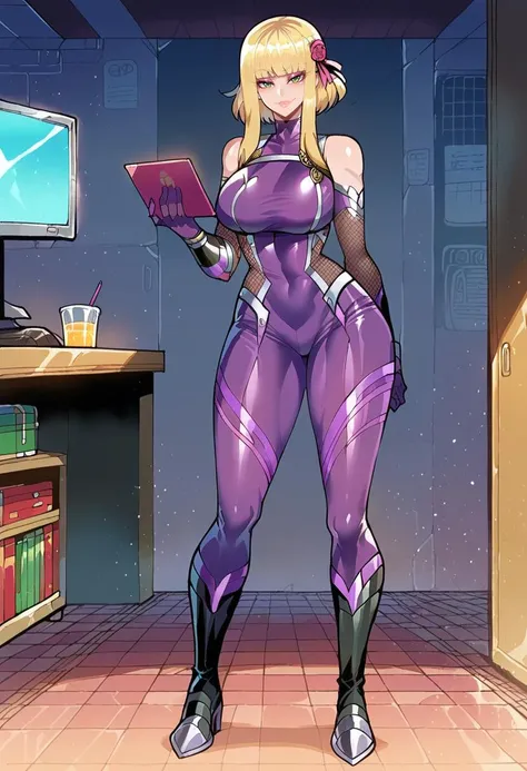 anime artwork score_9,score_8_up,score_7_up,best quality,masterpiece,(source_anime),solo,human,taimanin \(series\),short hair,hime cut,braid,fair skin,indoors,secret facility,standing by a computer panel,hacking panel,holding small laptop,1girl,spy,tight clothes,skin tight,purple bodysuit,full bodysuit,taimanin suit,purple gloves,black boots,pink lips,makeup,fair skin,looking_at_viewer,smile,kind smile,solo,full_body,<lora:add_detail:1>,spy,skin tight,purple bodysuit,full bodysuit,taimanin suit,purple gloves,black boots,pink lips,makeup,fair skin,cute,attractive,rating_questionable,rating_safe,short hair,hime cut,braid,blonde hair,large breasts,milf,green eyes,smug,. anime style,vibrant,studio anime,highly detailed,<lora:Poper-Nyantcha-Rat74:1>,