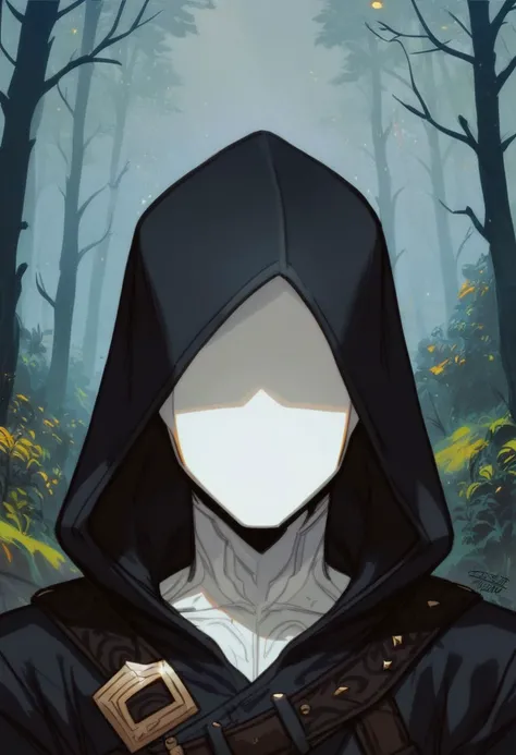 score_9, score_8_up, score_8, score_7_up, score_7, score_6_up, score_6, score_5_up, Score_5, faceless humanoid, smooth face, (featureless face:1.6), porcelain skin, pale skin, robes, hood pulled up, black clothing, vox machine style, 1boy, male focus, solo, portrait, fantasy, forest background, (dynamic lighting:1.1)
((masterpiece))