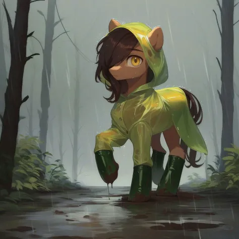 score_9, score_8_up, score_7_up, score_6_up, score_5_up, score_4_up, feral pony, pony, stallion, male pony, 1 boy, solo, earth pony, feral, golden yellow fur, long dark brown mane, long hair, sideswept bangs, one eye covered, long dark brown tail, lanky, fluffy, yellow eyes, green raincoat, long raincoat, hood, hood up, ears covered by hood, green rubber boots, heavy rain, downpour, overcast, forest, path, mud, walking, side view, looking at viewer, wet, dripping, summer