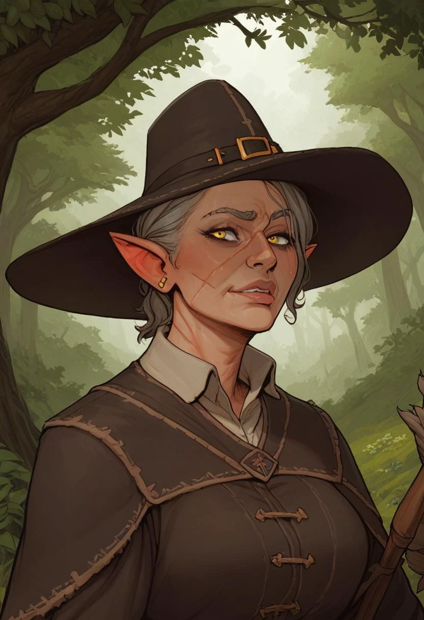 score_9, score_8_up, score_8, score_7_up, score_7, score_6_up, score_6, score_5_up,
BREAK , elderly gnome mercenary,, witch hunter hat, pilgrim hat, yellow eyes, pointy ears, , wearing duster, scar on neck, scar in face, one eye blind , gray patches of hair , trees in the background, ((portrait)), in style of vox machine, ((thick line style)),
, (dynamic lighting:1.1),((masterpiece)), <lora:VoxMachinaPony200:0.>, <lora:IncaseLycoXL:0.9>, <lora:sinfully_stylish_SDXL:0.1>