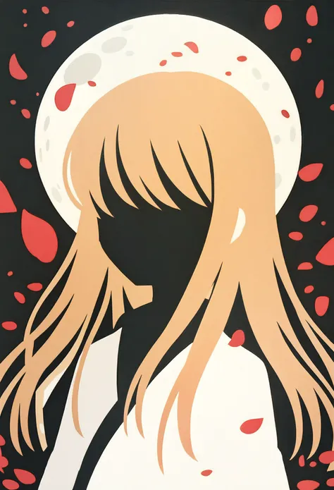 score_9, score_8_up, score_7_up, <lora:PonyMinimalStyle:1> Minimalstyle, 1girl, simple, faceless female, beautiful, extremely detailed, vector, headshot, blonde hair, long hair, sakura petals, red and black theme, tsukuyomi, moon, white kimono