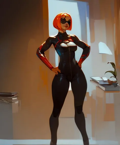 score_9, score_8_up, score_7_up, score_6_up, rating_explicit, judy, <lora:Birdgirl:0.9>, orange bob cut hair, (black eye mask, black bodysuit with red trim, metal wings), fit body, standing, hand on hips, office background, masterpiece, best quality, highly detailed, solo,