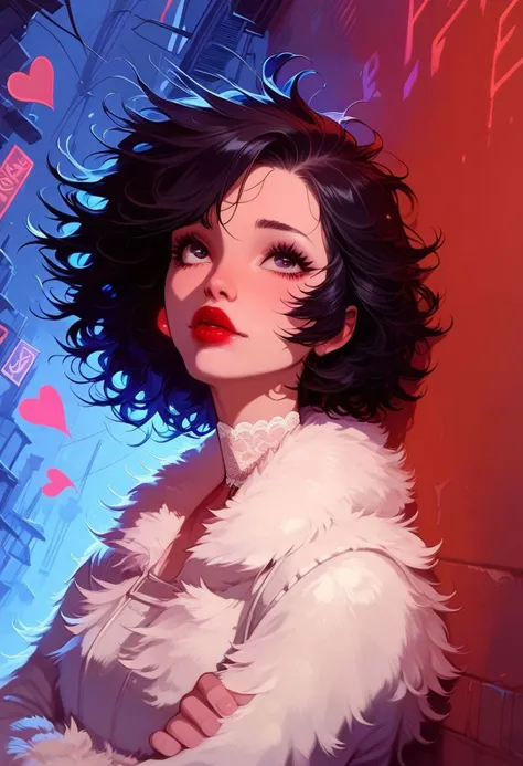 score_9, score_8_up, score_7_up, 
a sexy girl in short fur boa, ((short fluffy coat)), ((fur sleeves)), lace high heels, white lace choker,
short black hair, ((messy hair)), 
dark alley, bright colors, twillings, 
prefect face, cute on face, flirting eyes, worried look on face, small red lipstick, lips parted, 
long and slender body, long legs,
semi realistic, floating neon hearts, Expressiveh, D4rC0m, ral-fluff, 
portrait, 
crossed arms, pinup pose, dutch angle, side view
BREAK