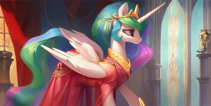 princess celestia, feral alicorn, tall pony, equine, standing, elegant, white fur, concave belly, bridle, sash, silver dress, gold earrings, diamonds, score_9, score_8, lace, silk, gauze, open wings
 <lora:oil painting bichu-v0612:1>