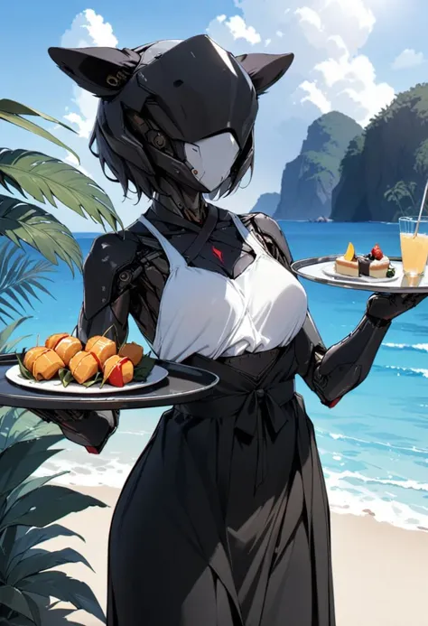A hyper detailed, cinematic image of waifu wearing a tactical mecha bikini, massive breast, dynamic pose, in a river, steam, leaves falling , wearing a sun glasses, she was eating a cake , global illumination