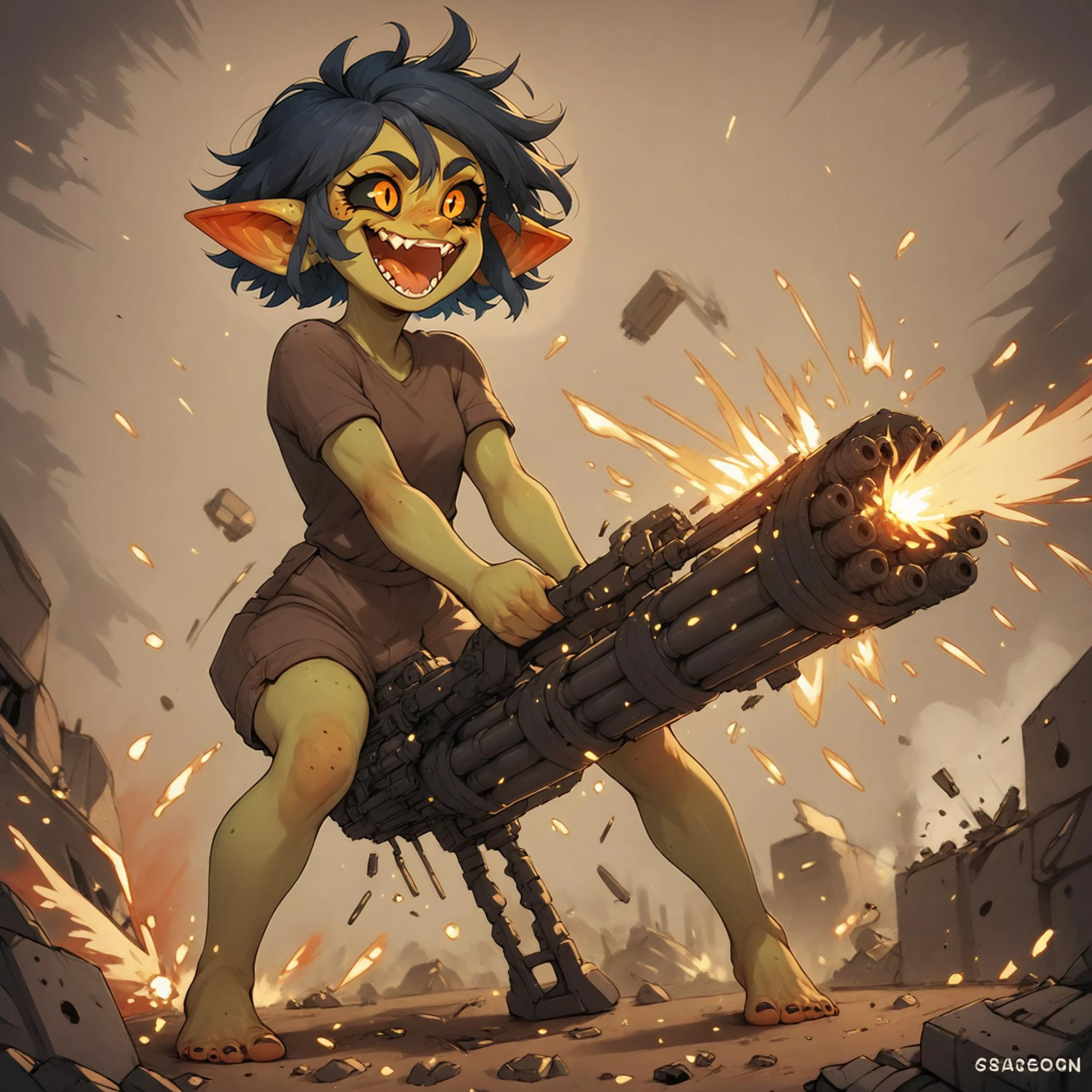 Gaby, solo, hand, holding ranged weapon, gatling gun, firing, casing ejection,destruction, embers, explosion,smoke, crazy, laughing, military uniform, black sclera <lora:Gaby_the_goblin_V1.2:0.4> <lora:firearm_enhancement:0.9>, PonyXLV6_Scores