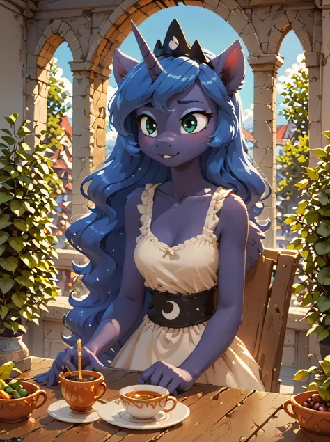 score_9,Pony,anthro,young princess luna,princess luna,s1 luna,((foal)),((young)),small breasts,cute face,detailed,detailed face,detailed eyes,<lora:detailed_hands:1>,<lora:Pony_DetailV2.0:1>,zPDXL2,<lora:Hyper-SDXL-8steps-lora:1>,<lora:Wakfu_CartoonV02:1>,<lora:MixSummerSolstice Style SDXL_LoRA_Pony Diffusion V6 XL:0.4>,sitting,dress,table,afternoon tea,shoulder,Parasol,symbols of love around,