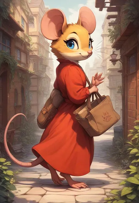 score_9, score_8_up, score_8, solo, fluffy, (feral), outdoors, toes, furry, (((mouse))), female, blue eyes, yellow fur, claws, (fluffy cheeks:0.7), (red dress), in the style of beatrix potter, walking, (carrying bag), (solo:2), village, alley, cute, (side view:2), (look back), waving to viewer