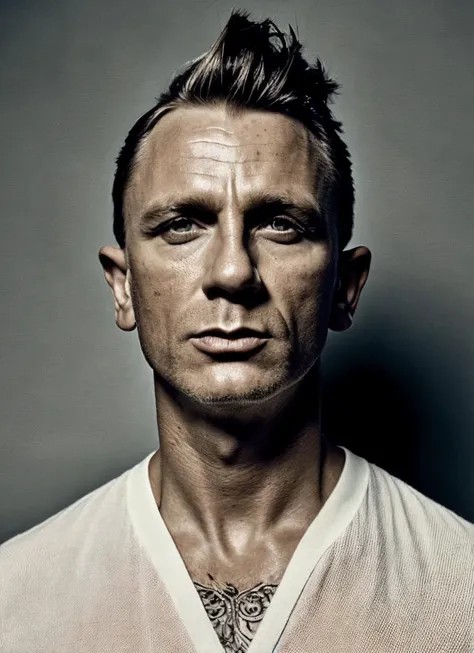 analog style, modelshoot style, portrait of sks person by Flora Borsi, style by Flora Borsi, bold, bright colours, dark Mohawk haircut, ((Flora Borsi)), <lora:locon_danielcraig_v1_from_v1_64_32:1.25>