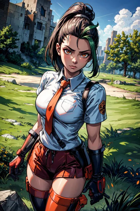 thick outlines, comics, photorealistic, masterpiece:1.2, 1girl, solo, <lora:nemona pokemon by Goofy Ai:0.7>, nemona, ponytail, collared shirt, short sleeves, single glove, orange shorts, orange necktie, university, school, outside, grass, detailed background, detailed face, detailed eyes, <lora:add_detail:0.7>