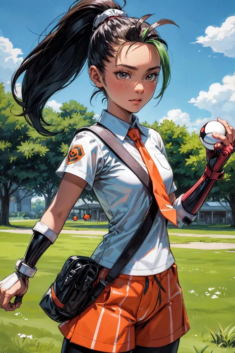 thick outlines, comics, photorealistic, masterpiece:1.2, 1girl, solo, holding pokeball, <lora:nemona pokemon by Goofy Ai:0.8>, nemona, ponytail, collared shirt, short sleeves, left glove, orange shorts, orange necktie, tights, university, school, outside, grass, detailed background, detailed face, detailed eyes, <lora:add_detail:0.7>