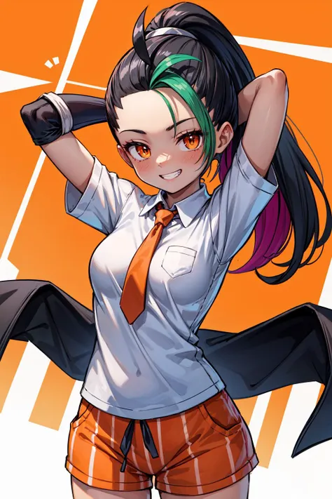 masterpiece,best quality,1girl,solo,nemona,long hair,orange eyes,ponytail,forehead,ahoge,collared shirt,orange necktie,orange shorts,short sleeves,single glove,grin,confident,arms behind head,(dutch angle),multicolored background,<lora:Concept-control tool-add_detail-CyberAIchemist:0.8>,<lora:nemona pokemon by Goofy Ai:0.9>,