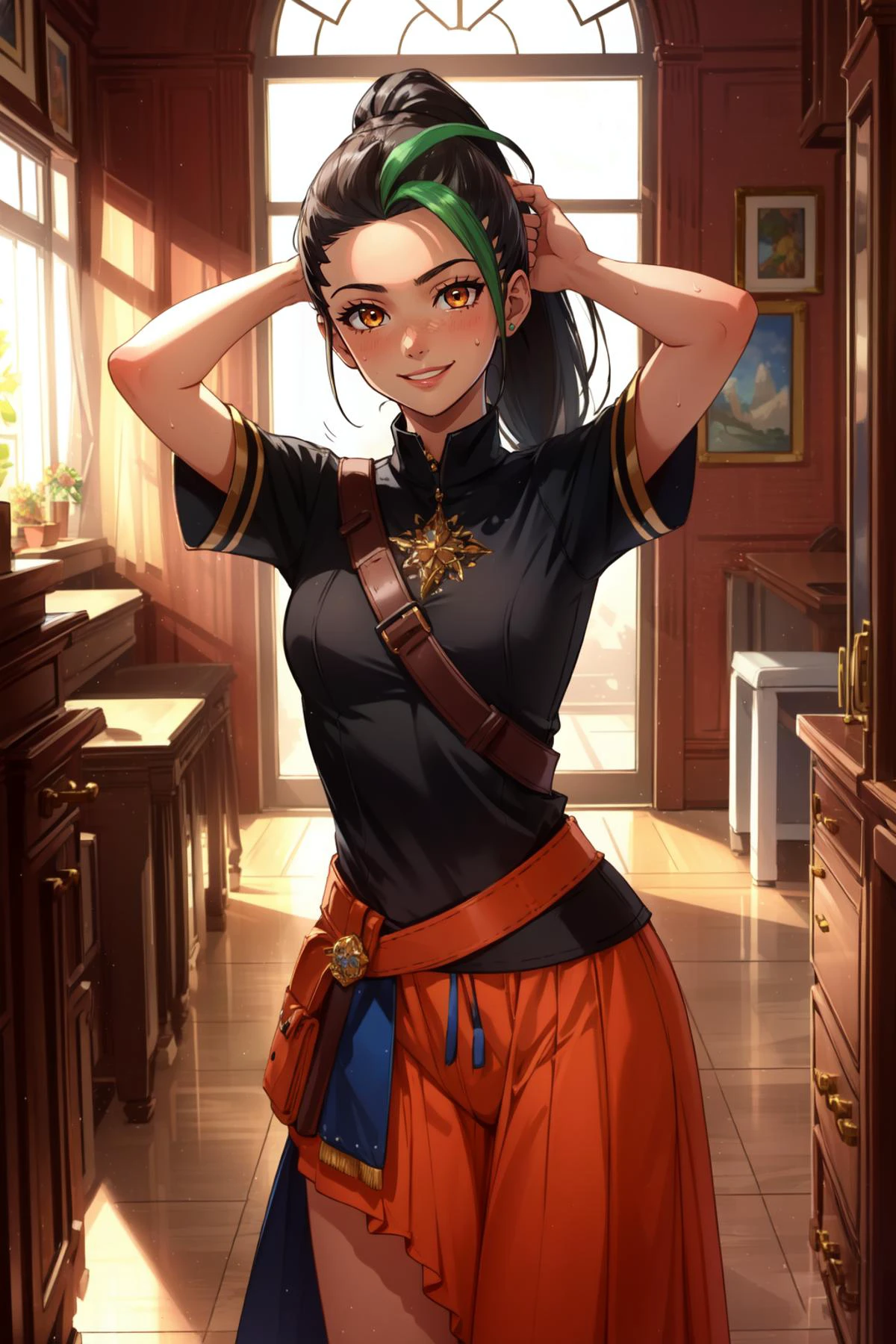(masterpiece, best quality), intricate details,
1girl, <lora:nemona_pokemon:0.8> nemona , long hair, orange eyes, ponytail
adjusting hair, smiling, sweating,