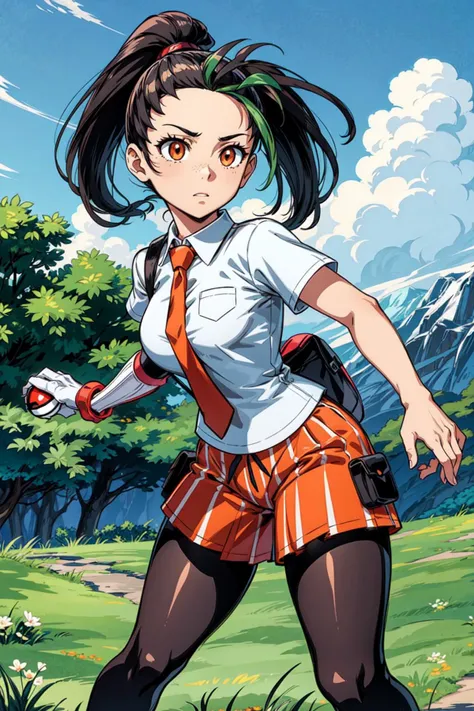 thick outlines, comics, photorealistic, masterpiece:1.2, 1girl, solo, holding pokeball, <lora:nemona pokemon by Goofy Ai:0.8>, nemona, ponytail, collared shirt, short sleeves, left glove, orange shorts, orange necktie, tights, university, school, outside, grass, detailed background, detailed face, detailed eyes, <lora:add_detail:0.7>