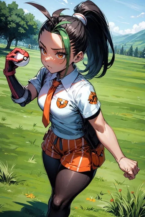 thick outlines, comics, photorealistic, masterpiece:1.2, 1girl, solo, holding pokeball, <lora:nemona pokemon by Goofy Ai:0.8>, nemona, ponytail, collared shirt, short sleeves, left glove, orange shorts, orange necktie, tights, university, school, outside, grass, detailed background, detailed face, detailed eyes, <lora:add_detail:0.7>