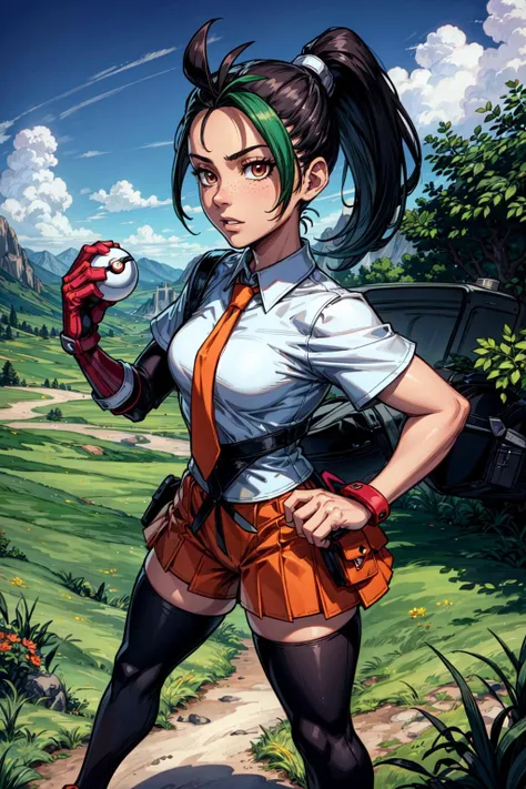thick outlines, comics, photorealistic, masterpiece:1.2, 1girl, solo, holding pokeball, <lora:nemona pokemon by Goofy Ai:0.8>, nemona, ponytail, collared shirt, short sleeves, left glove, orange shorts, orange necktie, tights, university, school, outside, grass, detailed background, detailed face, detailed eyes, <lora:add_detail:0.7>