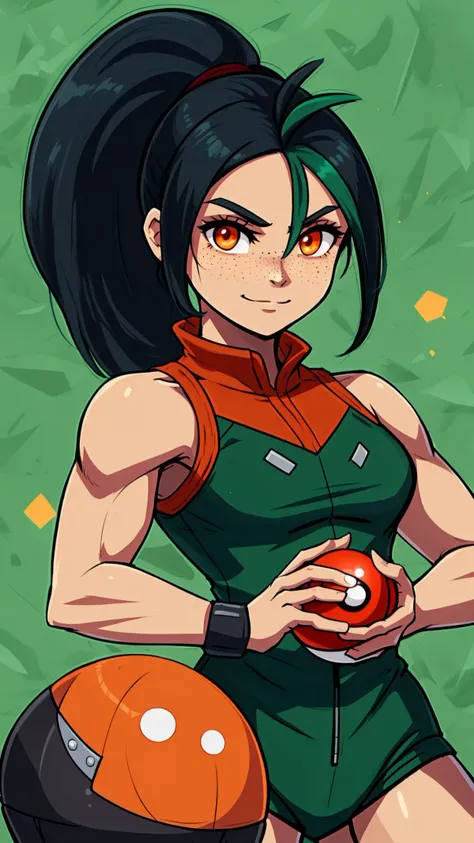 <lora:nemona pokemon by Goofy Ai:0.8> nemona, 1girl, tan, freckles, long hair, orange eyes, ponytail, (black hair:1.15), green hair strand, happy, poke ball, holding poke ball, <lora:Amazon-V3:0.8> bodybuilder