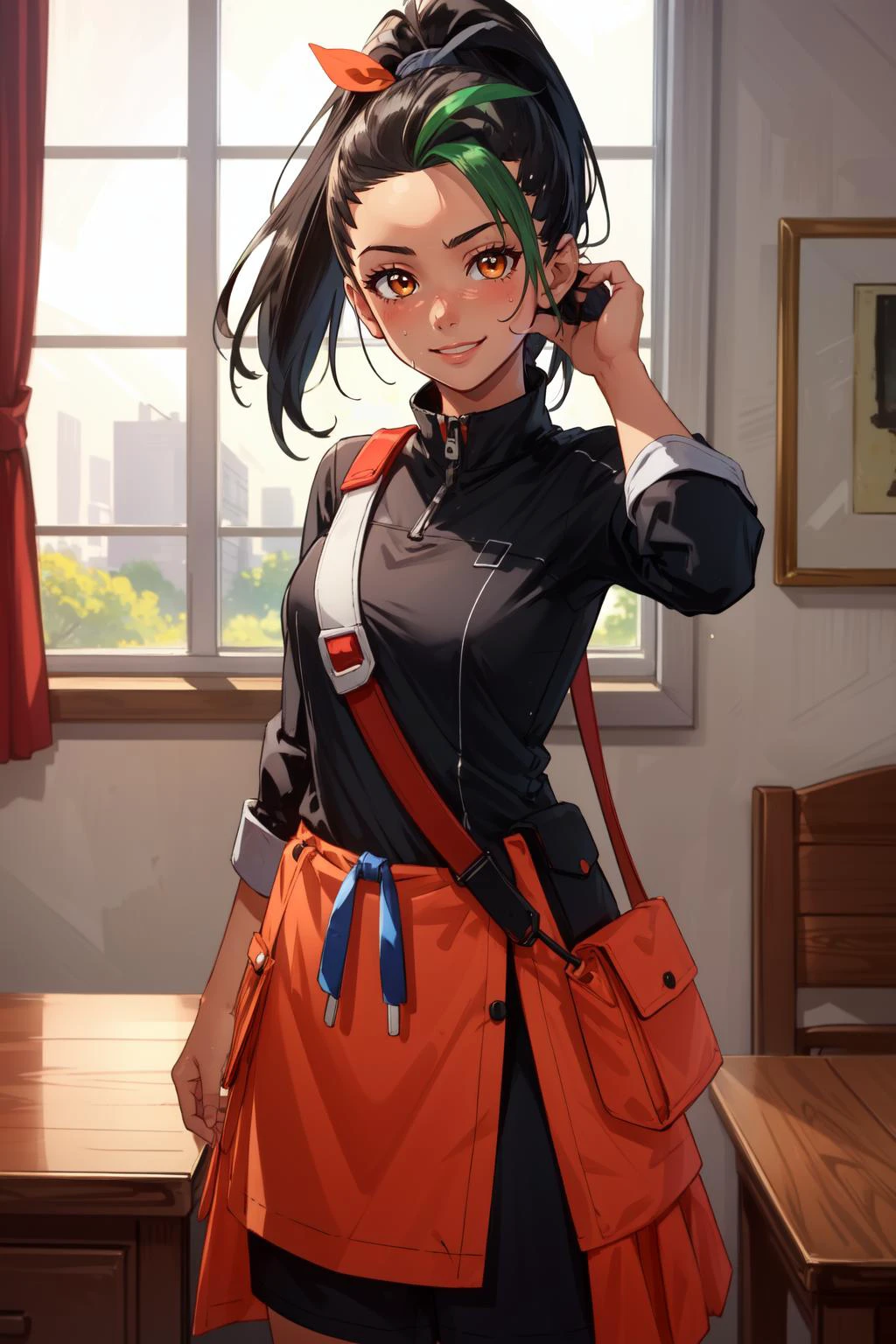 (masterpiece, best quality), intricate details,
1girl, <lora:nemona_pokemon:0.8> nemona , long hair, orange eyes, ponytail
adjusting hair, smiling, sweating,