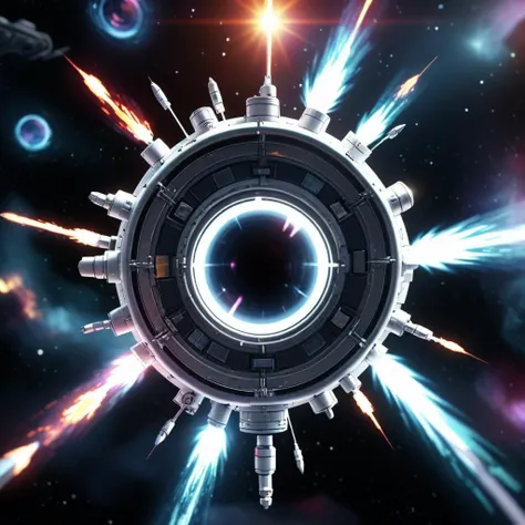 (close up:0.8) space station futuristic pulse plasma cinematic paint brushes blasting in all directions, colorful scenery filling the void, black cosmos background bokeh, blinding beams of light, lens flare, 