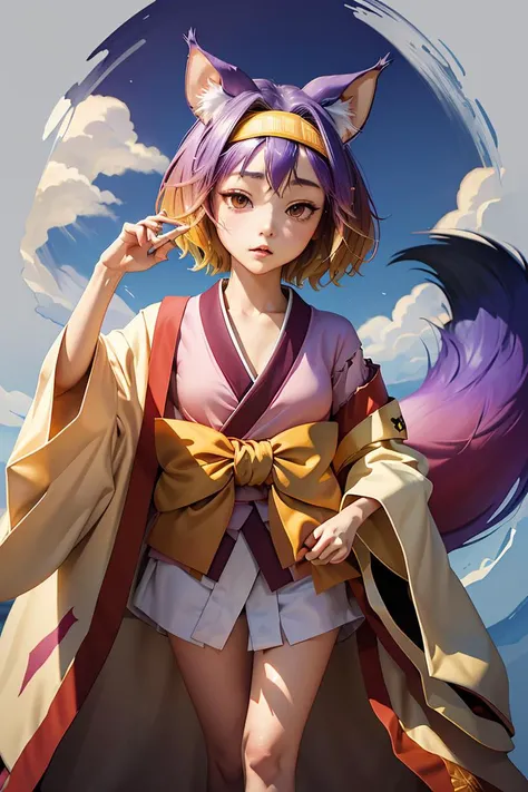 (masterpiece, best quality), 1girl, <lora:izuna v2:1> hatsuse izuna, short hair, wide sleeves, sarashi, yellow hairband, tabi, short kimono, gradient hair, 1girl, fox tail