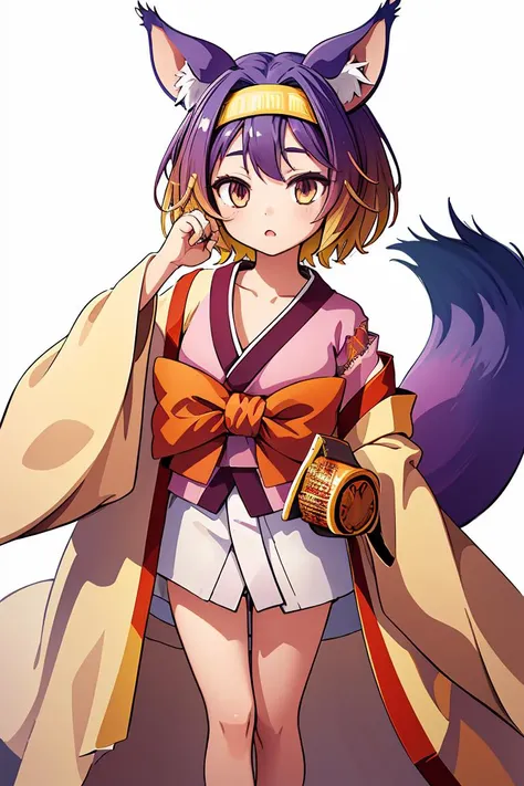 (masterpiece, best quality), 1girl, <lora:izuna v2:1> hatsuse izuna, short hair, wide sleeves, sarashi, yellow hairband, tabi, short kimono, gradient hair, 1girl, fox tail
