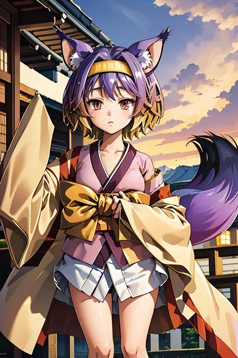 (masterpiece, best quality), 1girl,  <lora:izuna v2:1> hatsuse izuna, short hair, wide sleeves, sarashi, yellow hairband, tabi, short kimono, gradient hair, 1girl, fox tail