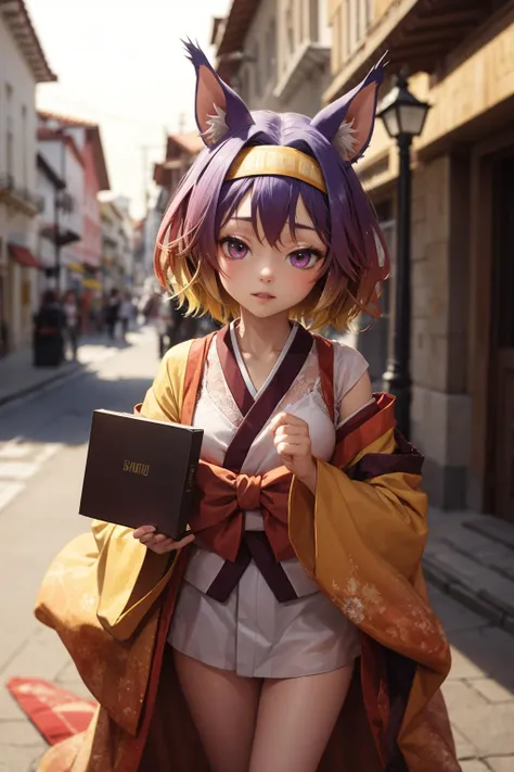 masterpiece, best quality, lingerie <lora:hatsuse izuna:.8> hatsuse izuna, short hair, wide sleeves, sarashi, yellow hairband, tabi, short kimono, gradient hair, 1girl, fox tail, Cartagena, Columbia