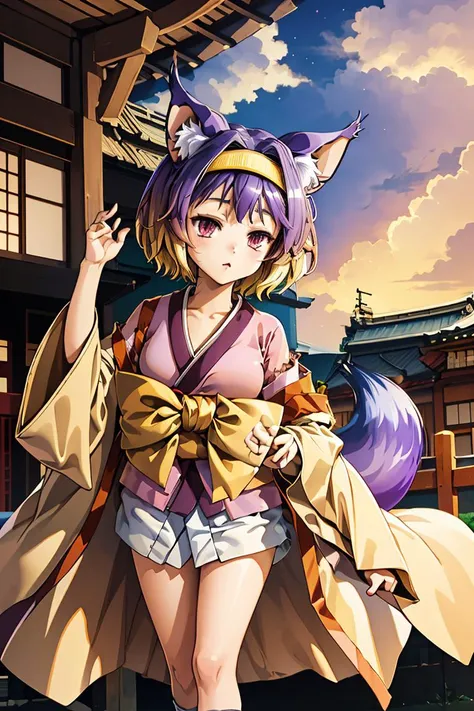 (masterpiece, best quality), 1girl, <lora:izuna v2:1> hatsuse izuna, short hair, wide sleeves, sarashi, yellow hairband, tabi, short kimono, gradient hair, 1girl, fox tail