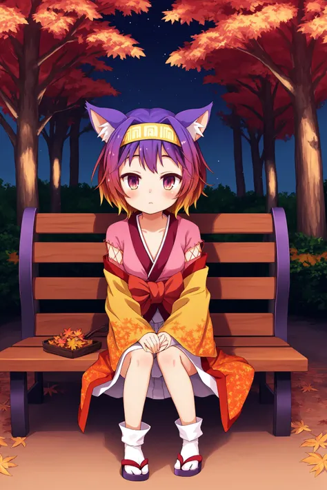 <lora:izuna v2:1> hatsuse izuna, short hair, wide sleeves, sarashi, yellow hairband, tabi, short kimono, gradient hair, 1girl on one knee,w arms, serene autumn garden, rich colors of fall, cushy blankets on benches, crunchy leaves underfoot, twinkling lights in the trees