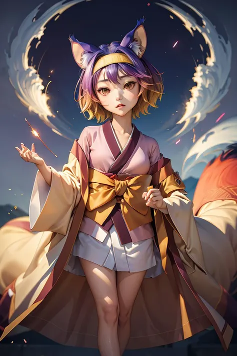(masterpiece, best quality), 1girl, <lora:izuna v2:1> hatsuse izuna, short hair, wide sleeves, sarashi, yellow hairband, tabi, short kimono, gradient hair, 1girl, fox tail