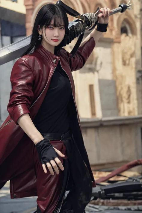 metal sword,<lora:onishiaguri_lora-06:0.8>,1girl,looking at viewer,carrying a sword,black_hair,red_leather_jacket,outdoors,day,(best quality:1.2),(masterpiece:1.6),(photorealistic:1.2),(realistic:1.6),extremely detailed,(8K:1.2),extremely delicate and beautiful,extremely detailed eyes and face,huge filesize,