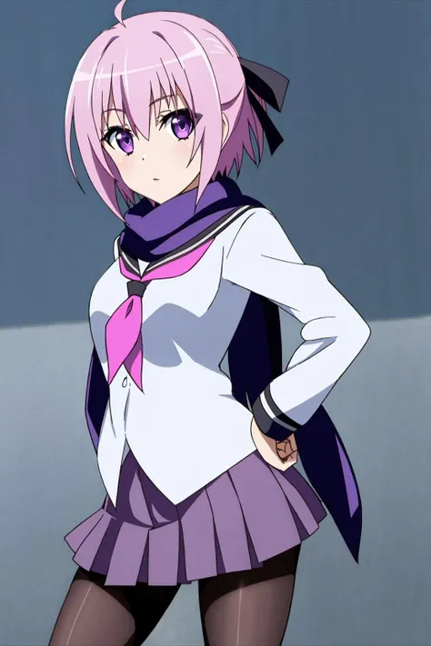 shinobu, 1girl, solo, looking_at_viewer, short_hair, skirt, ribbon, school_uniform, purple_eyes, jacket, hair_ribbon, pink_hair, ahoge, pantyhose, pleated_skirt, serafuku, scarf, neckerchief, hand_on_hip, pink_neckerchief, purple_scarf