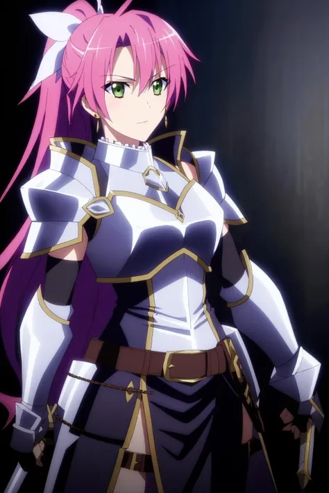 jeanne, 1girl, solo, long_hair, gloves, holding, hair_between_eyes, jewelry, closed_mouth, green_eyes, ponytail, weapon, pink_hair, earrings, black_gloves, belt, armor, shoulder_armor, sheath, pauldrons, breastplate
