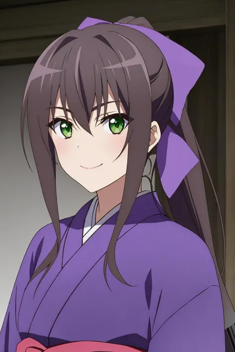 aoi, 1girl, solo, long_hair, looking_at_viewer, smile, bangs, brown_hair, black_hair, bow, hair_between_eyes, closed_mouth, green_eyes, upper_body, ponytail, weapon, hair_bow, sidelocks, japanese_clothes, sword, kimono, katana, sheath, purple_bow, sheathed