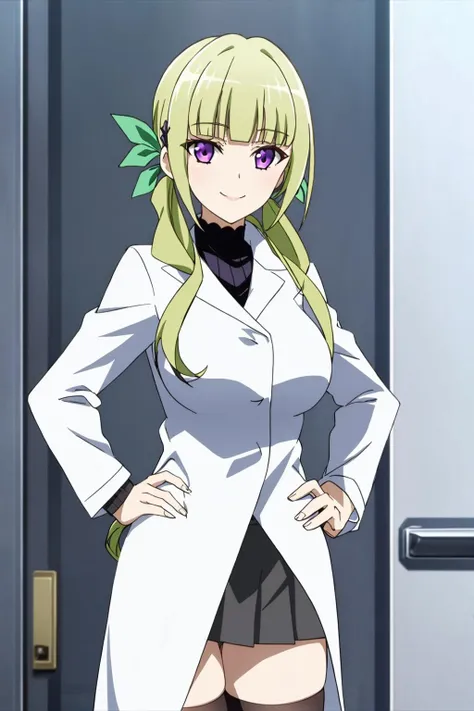 keine, 1girl, solo, long_hair, breasts, looking_at_viewer, smile, bangs, skirt, blonde_hair, large_breasts, hair_ornament, thighhighs, long_sleeves, ribbon, twintails, closed_mouth, standing, purple_eyes, hair_ribbon, sidelocks, cowboy_shot, green_hair, black_thighhighs, miniskirt, blunt_bangs, zettai_ryouiki, coat, hand_on_hip, buttons, turtleneck, low_twintails, lace_trim, arm_at_side, watch, door, white_coat, wristwatch