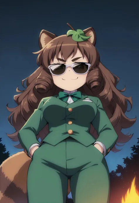 score_9, score_8_up, score_8, score_9, source_anime, solo, long eyelashes, thick eyebrows.
f
anime coloring,
Silly, Silly face, smug, smug smirk, cigar in mouth,
sunglasses, eyes visible through sunglasses,
futatsuiwa mamizou, raccoon ears, thick dog ears, large raccoon tail, brown eyes, tanuki tail, brown hair, leaf in hair, tanuki leaf, leaf hair ornament, curly hair, long hair, dark green tuxedo jacket, white undershirt, green gloves, green bowtie, light brown trousers. fat breasts, Star-shaped pupils. loose-fitting clothing, clothes too big. star shaped eye,☆_☆,chibi
Dramatic pose, one hand in pocket, looking down at viewer.
cowboy shot, ((outdoors)), hotpot, campfire, nighttime, dark background, Japanese leafy forest, lit by campfire, taker pov, worm's-eye-view, viewed from below.