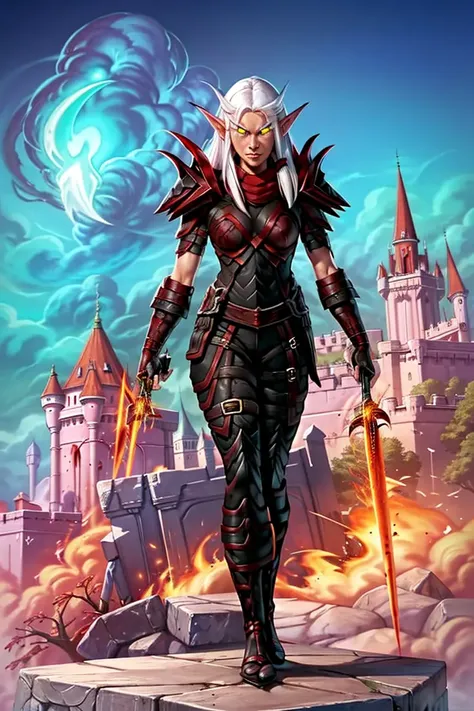 <lora:Clothes - Bloodfang:0.9> bloodfang, red and black armor, hood, demon, shoulder armor, gauntlets, gloves, holding a glowing daggers, masterpiece, best quality, 1girl, ultra detailed background, towers and castle, flaming, explosion, epic, war,  elf, pointy ears, facial markings, pointy ears, cowboy shot, standing, white hair,