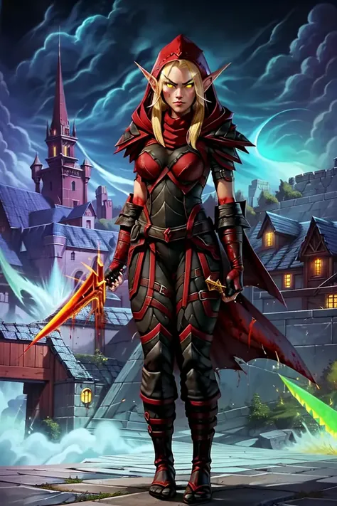 <lora:Clothes - Bloodfang:0.9> bloodfang, red and black armor, hood, demon, shoulder armor, gauntlets, gloves, holding a glowing daggers, masterpiece, best quality, 1girl, ultra detailed background, towers and castle, flaming, explosion, epic, war,  elf, pointy ears, facial markings, pointy ears, cowboy shot, standing,