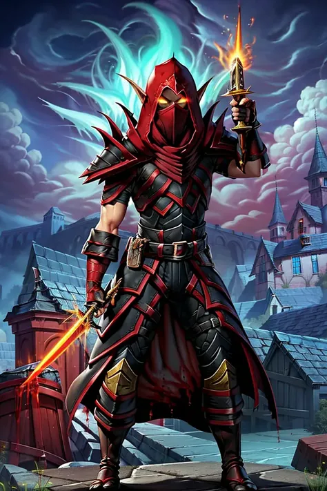 <lora:Clothes - Bloodfang:0.9> bloodfang, red and black armor, hood, demon, shoulder armor, gauntlets, gloves, holding a glowing daggers, masterpiece, best quality, 1girl, ultra detailed background, towers and castle, flaming, explosion, epic, war,  elf, pointy ears, facial markings, pointy ears, cowboy shot, standing,